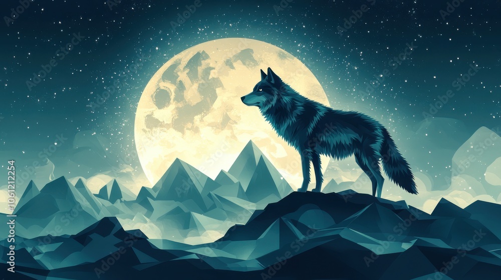 Wolf standing on a mountain with a full moon Wolf standing on a mountain with a full moon