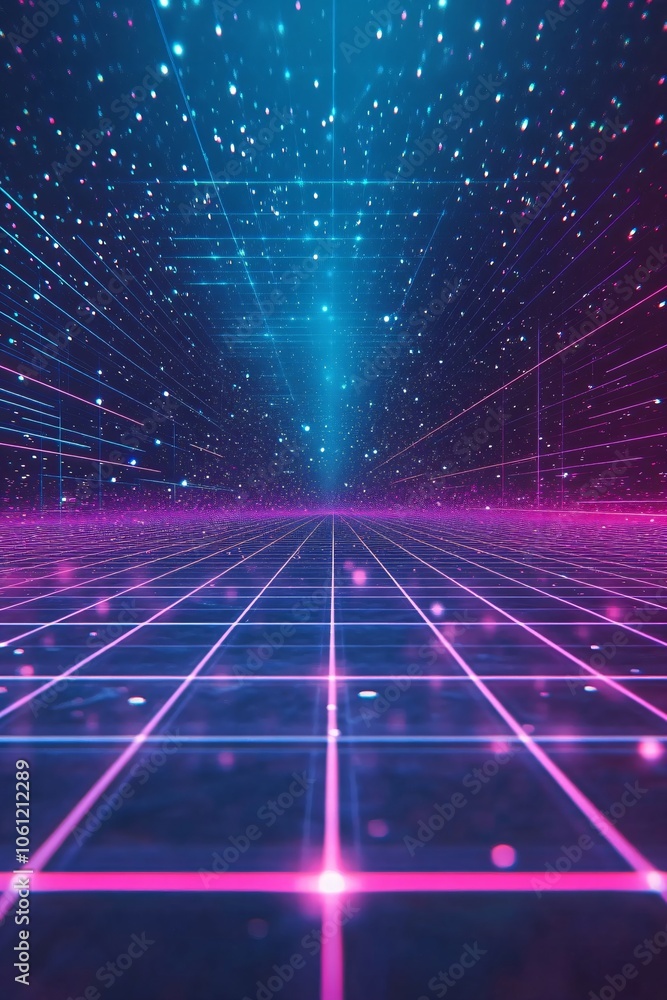 Futuristic retro landscape. Digital cyber surface with neon light grid. Cyberspace or metaverse. Technology, ai and vr concept. Virtual reality. 80s and 90s retrowave, synthwave, vaporwave style Futuristic retro landscape. Digital cyber surface with neon light grid. Cyberspace or metaverse. Technology, ai and vr concept. Virtual reality. 80s and 90s retrowave, synthwave, vaporwave style