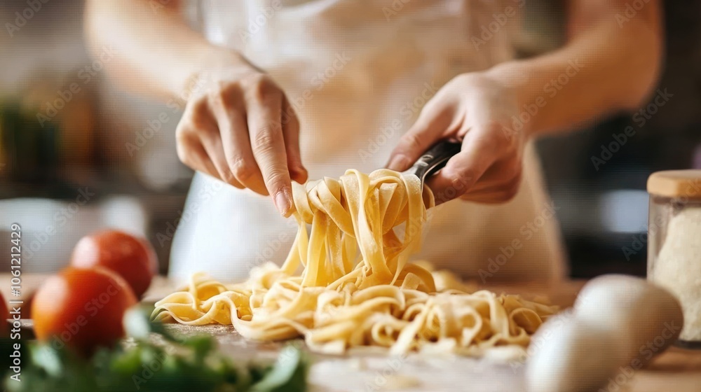 A person preparing fresh pasta on a kitchen countertop with vegetables nearby. A person preparing fresh pasta on a kitchen countertop with vegetables nearby.