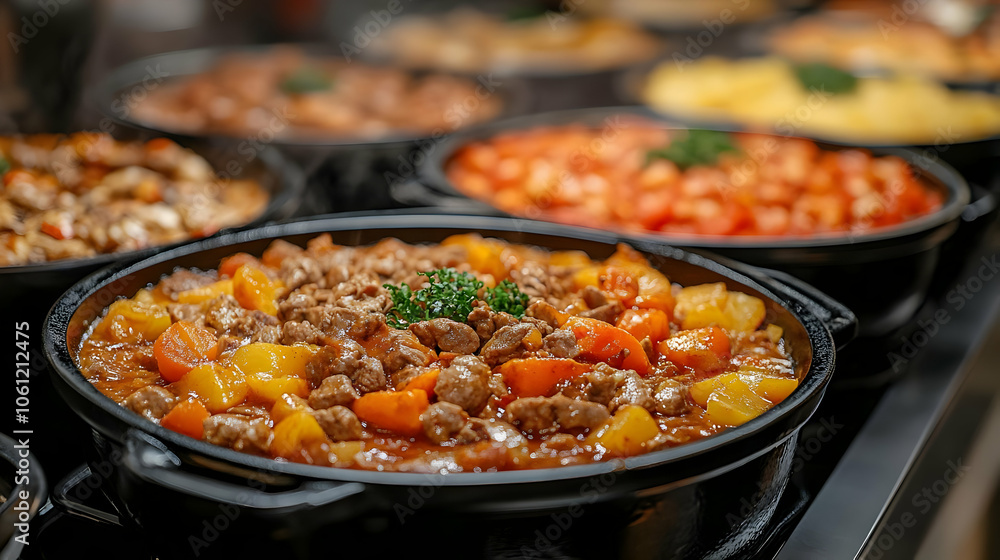 Closeup of a Pot of Stewed Meat and Vegetables - Realistic Image Closeup of a Pot of Stewed Meat and Vegetables - Realistic Image