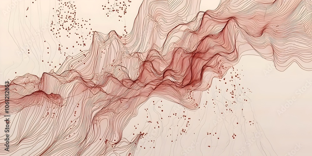 Naklejka premium Abstract lines and curves in reddish tones create a dynamic, flowing design, conveying a sense of movement and depth against a soft beige background.