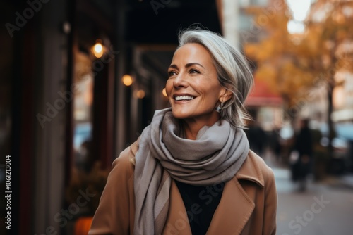 Portrait of a beautiful middle-aged woman in a beige coat and gray scarf on the street.