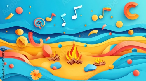 A vibrant, abstract landscape featuring waves, a campfire, and playful elements.