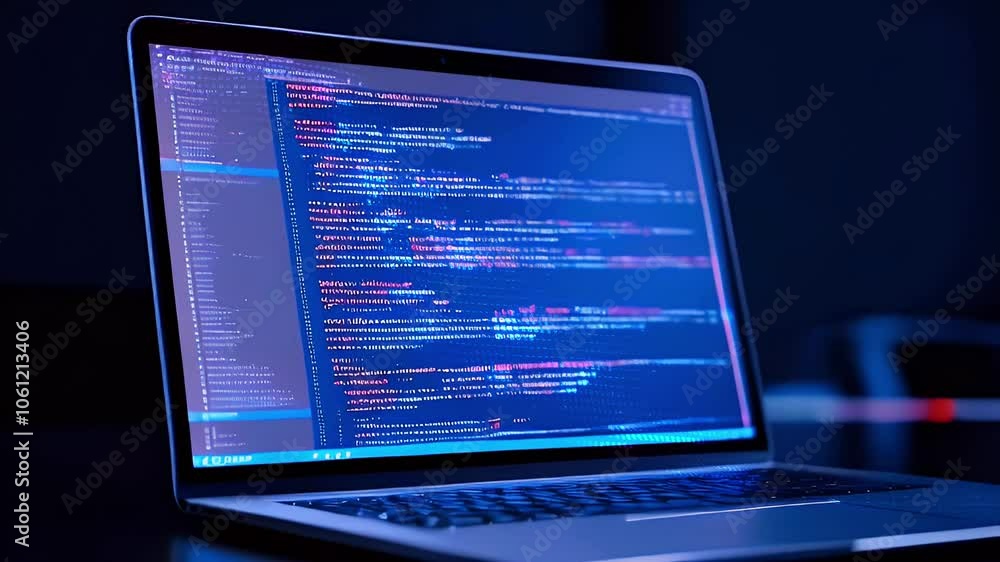 Close up of laptop with code on the screen in a dark room with blue bokeh lights in the background.