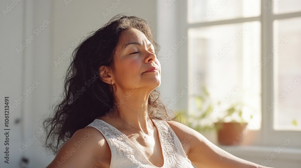 Mature woman stretching by a large window symbolizes health and self-care in a serene space