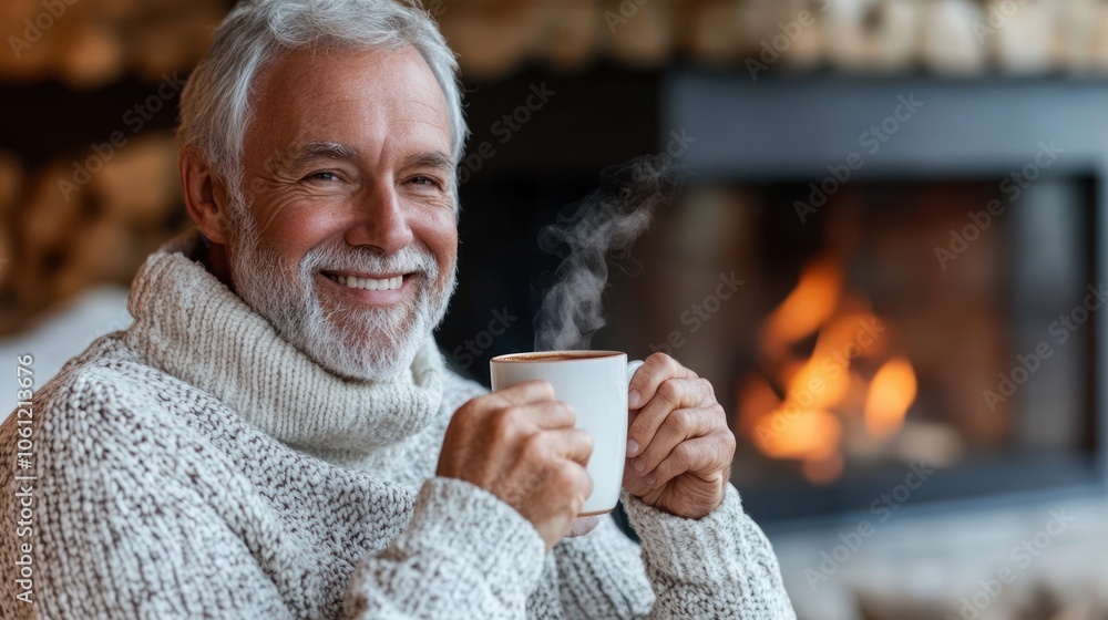 A smiling elderly man enjoying a warm drink by a cozy fireplace. A smiling elderly man enjoying a warm drink by a cozy fireplace.