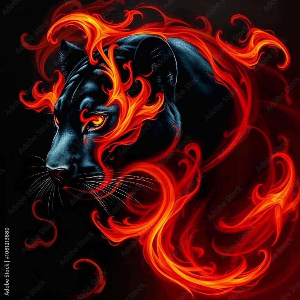 Majestic panther head surrounded by vibrant flames in a dark background Majestic panther head surrounded by vibrant flames in a dark background