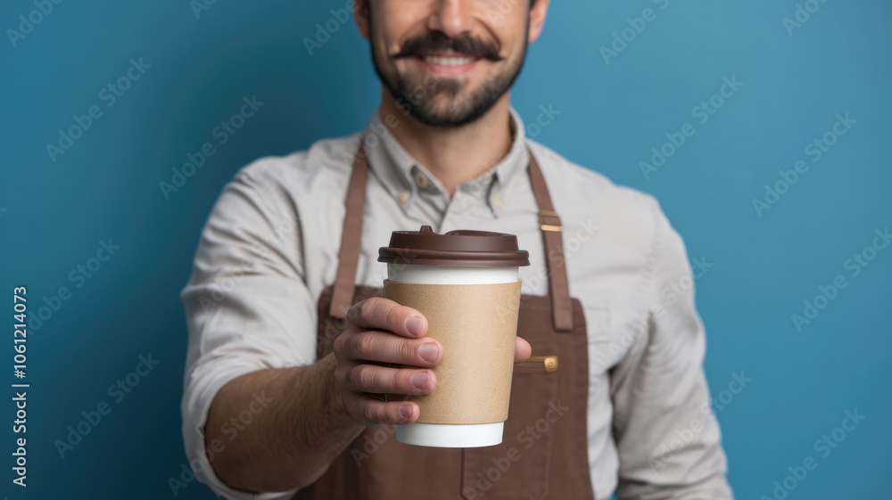 A man is holding a coffee cup with a brown lid. He is smiling and he is happy A man is holding a coffee cup with a brown lid. He is smiling and he is happy