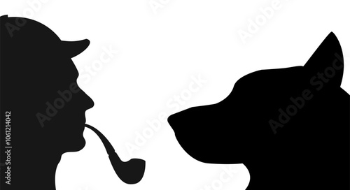 Sherlock Holmes and the Hound of the Baskervilles. Flat vector black silhouette illustration isolated on white background.