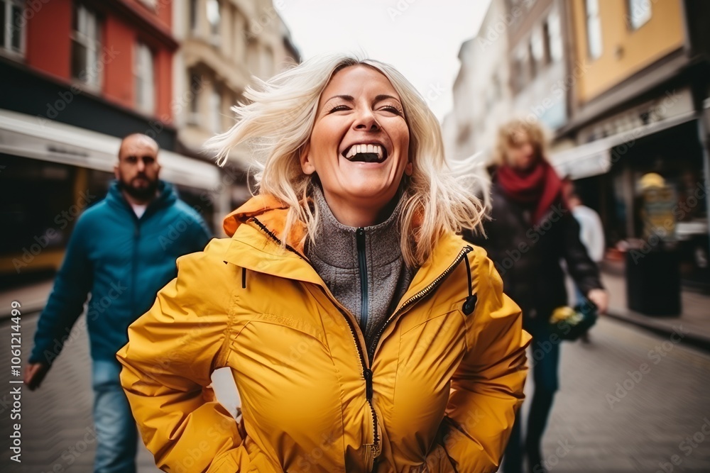 Portrait of a laughing woman in a yellow jacket in the city Portrait of a laughing woman in a yellow jacket in the city