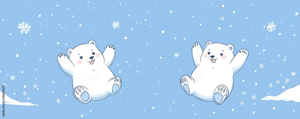 Two playful polar bears on a snowy blue background, evoking a cheerful winter theme. Two playful polar bears on a snowy blue background, evoking a cheerful winter theme.