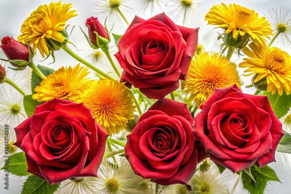 Long Exposure of Red Roses and Yellow Dandelion Flowers on a White Background for Nature Photography Long Exposure of Red Roses and Yellow Dandelion Flowers on a White Background for Nature Photography