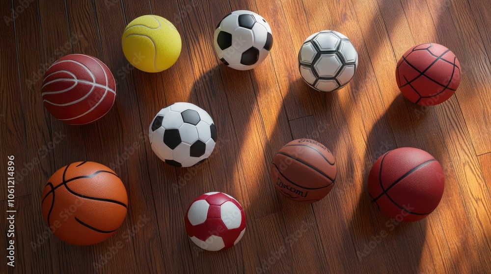 Variety of Sports Balls on Wooden Floor Variety of Sports Balls on Wooden Floor