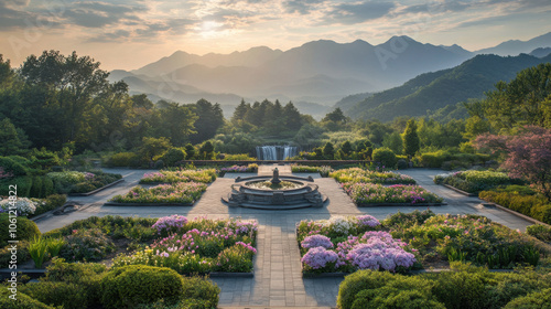 Fototapeta Naklejka Na Ścianę i Meble -  serene garden landscape featuring vibrant peonies and tranquil fountain, set against majestic mountains under beautiful sky. scene evokes sense of peace and natural beauty