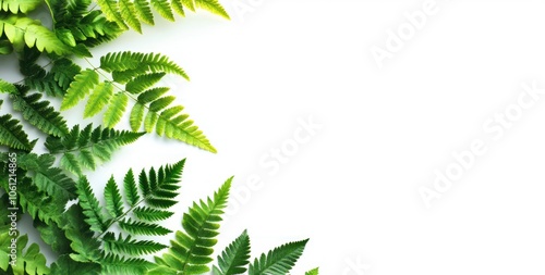 A collection of green ferns arranged elegantly on a white background.