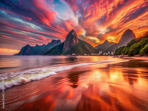 Long Exposure Photography of Urca's Red Beach in Rio de Janeiro at Sunset - Captivating Coastal Views, Serene Waters, and Vibrant Colors photo