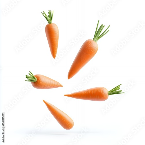 Five fresh carrots falling on white background.