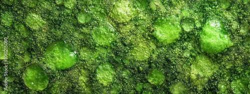 Close-up view of green algae or moss with bubbles, showcasing textures and colors.