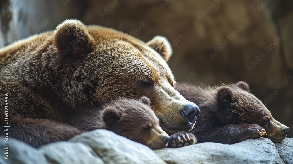 A mother bear and her two cubs peacefully sleeping together on a rocky surface. A mother bear and her two cubs peacefully sleeping together on a rocky surface.