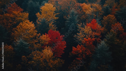 Aerial view of a vibrant autumn forest with colorful foliage in various shades.