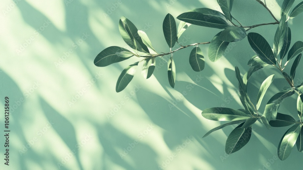 A serene composition of green leaves casting shadows on a soft mint background. A serene composition of green leaves casting shadows on a soft mint background.