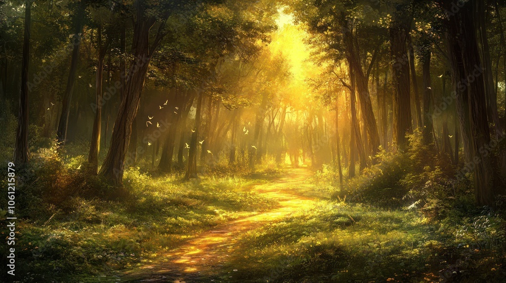A serene forest path illuminated by sunlight, inviting exploration and tranquility. A serene forest path illuminated by sunlight, inviting exploration and tranquility.