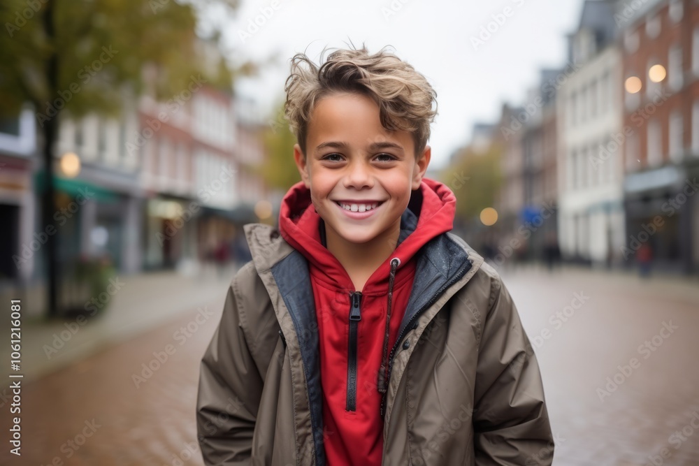 Portrait of a smiling boy in a coat on a city street Portrait of a smiling boy in a coat on a city street