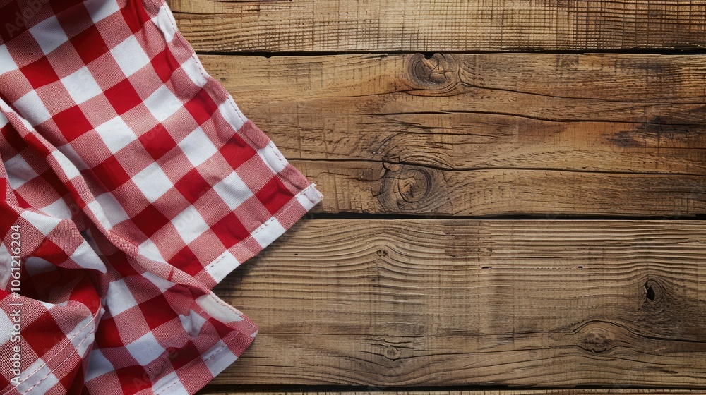 Mockup of picnic table setting with checkered napkin on wooden table, red and white tablecloth banner, kitchen towel with gingham pattern, restaurant dishcloth on wood background. Mockup of picnic table setting with checkered napkin on wooden table, red and white tablecloth banner, kitchen towel with gingham pattern, restaurant dishcloth on wood background.