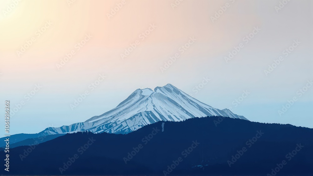 Generative AI, Minimalist Mountain Landscape with Soft Pastel Blue Background Generative AI, Minimalist Mountain Landscape with Soft Pastel Blue Background