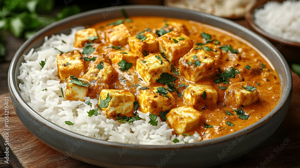 Delicious Paneer Butter Masala with Rice - Food Photography Delicious Paneer Butter Masala with Rice - Food Photography