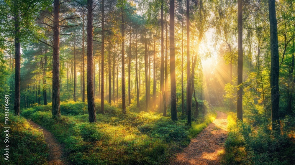 Fototapeta premium A serene forest scene with sunlight filtering through trees, creating a tranquil atmosphere.