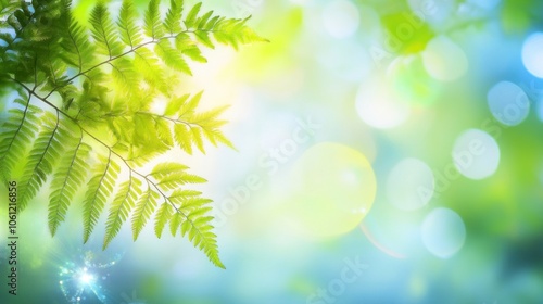 A serene image of ferns with a soft, blurred background of light and colors.