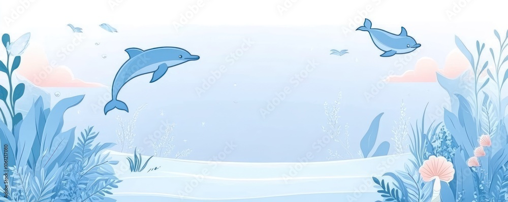 Fototapeta premium A serene underwater scene featuring dolphins and aquatic plants in calming blue tones.