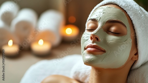 A woman enjoys a relaxing facial treatment with a green mask in a serene spa setting.