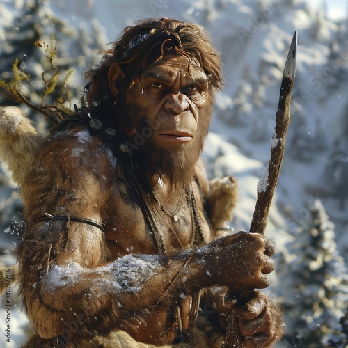 A rugged figure resembling a Neanderthal holds a spear while surrounded by snow-covered trees and mountains. The scene captures the essence of prehistoric life during a cold winter day.