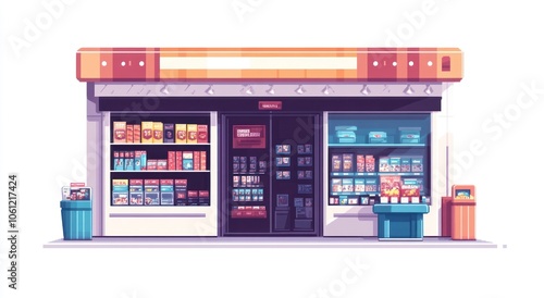 A colorful convenience store front with various products displayed in windows.