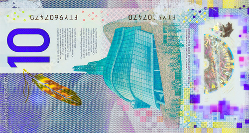 Bank of Canada polymer banknotes with denomination of ten dollars back view