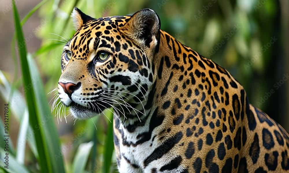 A close-up of a jaguar showcasing its distinctive coat and features in a lush environment. A close-up of a jaguar showcasing its distinctive coat and features in a lush environment.