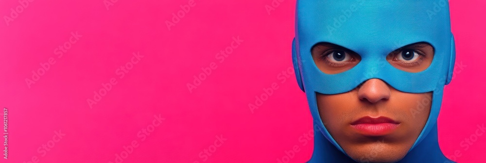 A person in a blue mask against a vibrant pink background, conveying a superhero theme. A person in a blue mask against a vibrant pink background, conveying a superhero theme.