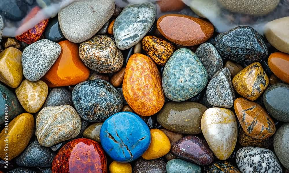 A close-up of colorful pebbles and stones arranged naturally on a surface. A close-up of colorful pebbles and stones arranged naturally on a surface.