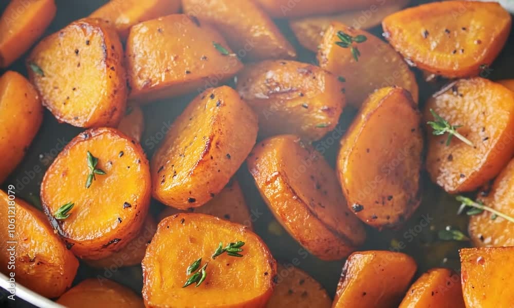 A close-up of roasted orange carrots garnished with herbs. A close-up of roasted orange carrots garnished with herbs.