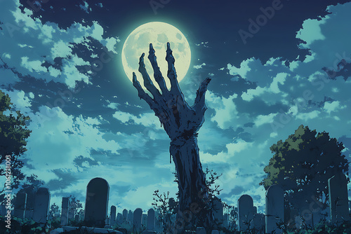 Zombie Hand Rising Out Of A Graveyard In Spooke Night photo