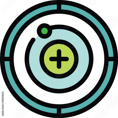 Simple atom icon with nucleus, orbiting electron, and plus sign, representing positive charge