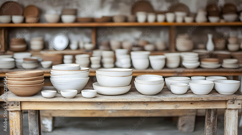 Ceramic Bowls and Plates on a Wooden Table - Illustration Ceramic Bowls and Plates on a Wooden Table - Illustration