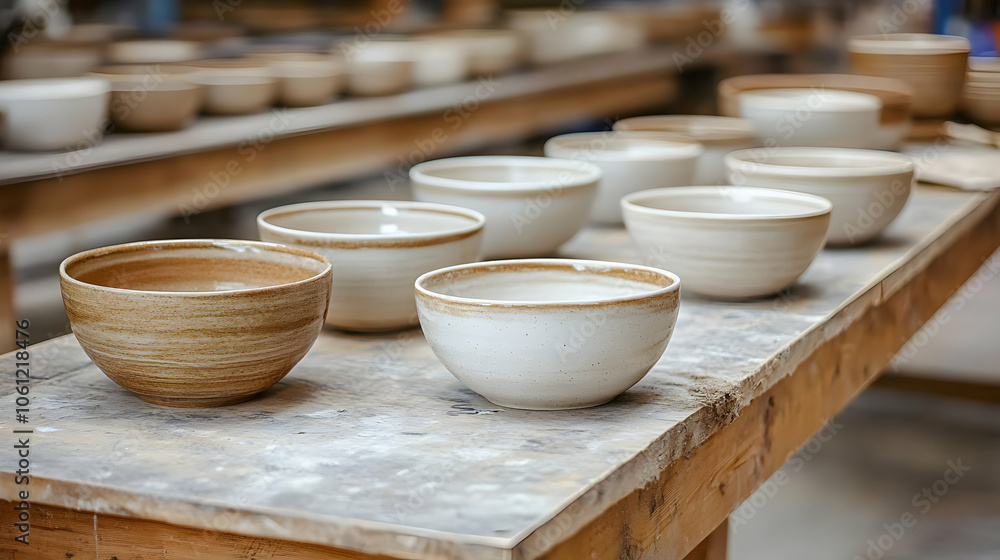 Handmade Ceramic Bowls on Wooden Table - Photo Handmade Ceramic Bowls on Wooden Table - Photo