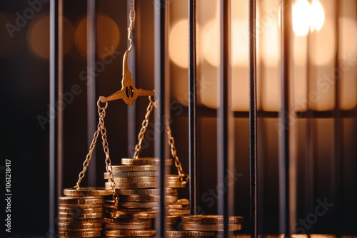 Scales of justice balancing gold coins behind prison bars in moody lighting
