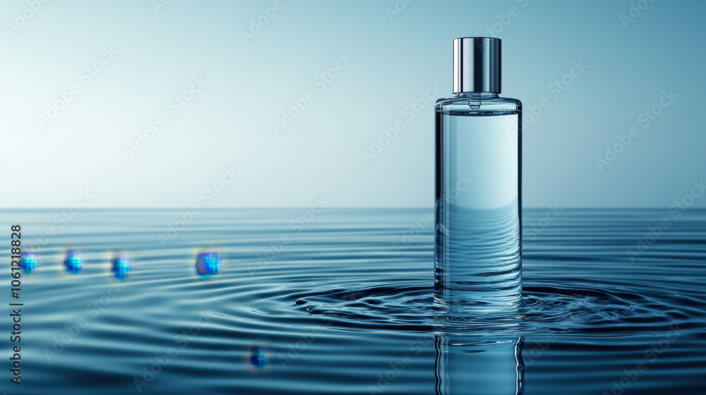 clear glass bottle filled with water stands elegantly in serene water surface, creating gentle ripples around it. tranquil scene evokes sense of calm and purity clear glass bottle filled with water stands elegantly in serene water surface, creating gentle ripples around it. tranquil scene evokes sense of calm and purity
