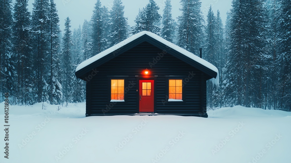 Black wooden cabin in snowy woods, red lantern hanging by the door, soft glow from within, dusk lighting, wide shot capturing the cozy exterior Black wooden cabin in snowy woods, red lantern hanging by the door, soft glow from within, dusk lighting, wide shot capturing the cozy exterior