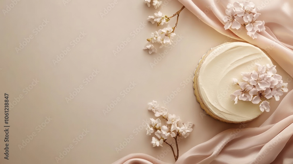 A beautifully decorated cake surrounded by soft fabric and delicate flowers. A beautifully decorated cake surrounded by soft fabric and delicate flowers.