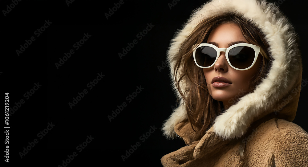 A fashionable woman in sunglasses and a winter coat on a black background, copy space A fashionable woman in sunglasses and a winter coat on a black background, copy space